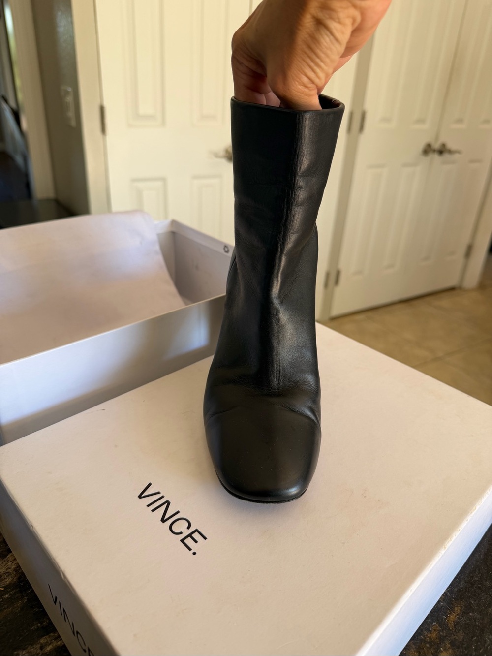 Vince Black Leather Mid-Calf Block Heel Booties - Picture 2 of 7